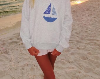 Beachy sailboat patchwork crewneck blue