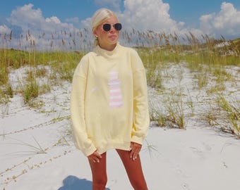 Yellow Mockneck Pink Lighthouse Patchwork Sweatshirt Beachy