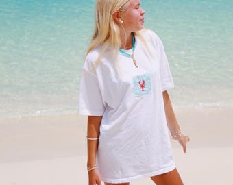 coastal lobster striped blue patchwork tee