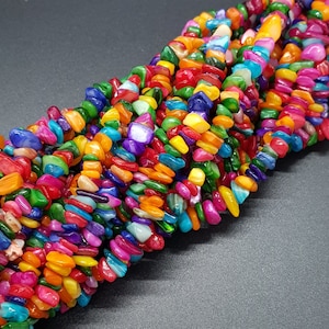 May include: A strand of colorful, iridescent, flat, irregular shaped beads. The beads are made of natural materials and have a variety of colors, including blue, green, red, orange, yellow, and purple.