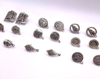 2 Pairs Mayan Pewter Stud Earrings, Silver Tone, Jewelry Making