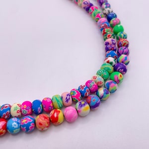 Flower Stamped PolymerClay Beads 9mm Rondelle Beads Round Beads Multicolor Flowers Beads Fimo Beads  Flower Beads Rainbow Beads