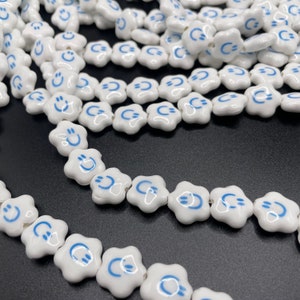 10mm Happy Face Ceramic Flower Beads Happy Face Ceramic Beads Happy Face Beads White Flower Beads Dopals Beads Summer Jewelry