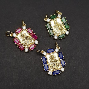 17x24mm Gold colored Heart of Jesus Scapular with Cubic Zircones color Green Blue Pink Religious Jewelry Jesus Pendant Charm