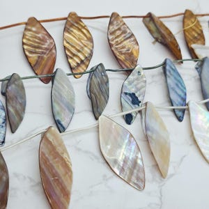 May include: Strands of iridescent, elongated shell beads in shades of brown, gold, blue, and white. The beads are strung on thin, light-colored cords, showcasing their natural textures and colors. Ideal for jewelry making.