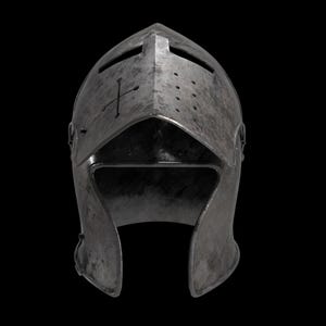May include: A weathered, steel-colored medieval helmet with a pointed top and a cross emblem. The helmet features eye slits and ventilation holes, with a dark background.