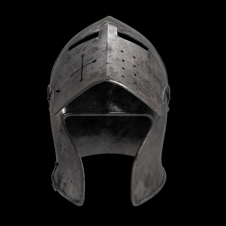May include: A weathered, steel-colored medieval helmet with a pointed top and a cross emblem. The helmet features eye slits and ventilation holes, with a dark background.