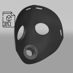 May include: A black 3D printed mask with two large holes and a smaller hole on the bottom. The mask is designed for use with a respirator.
