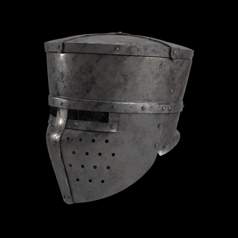 May include: A weathered, steel-colored medieval helmet with a flat top and riveted construction. The helmet features a visor with small ventilation holes and a horizontal eye slit. A band encircles the helmet, adding to its historical aesthetic.