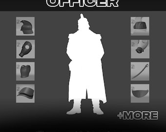 以下が含まれることがあります： Grim Sci-Fi OfficerのデジタルSTLバンドルで、制服を着た人物の白いシルエットが描かれています。画像には、ヘルメット、ガスマスク、胸当て、肩当て、剣など、8つの個別の3Dモデルコンポーネントが表示されています。