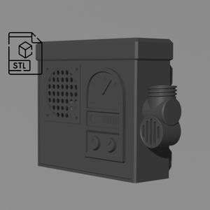 May include: A gray 3D printed model of a small box with a speaker, a gauge, a knob, and a small pipe on the side. The box has a textured surface and a slightly rounded edge.