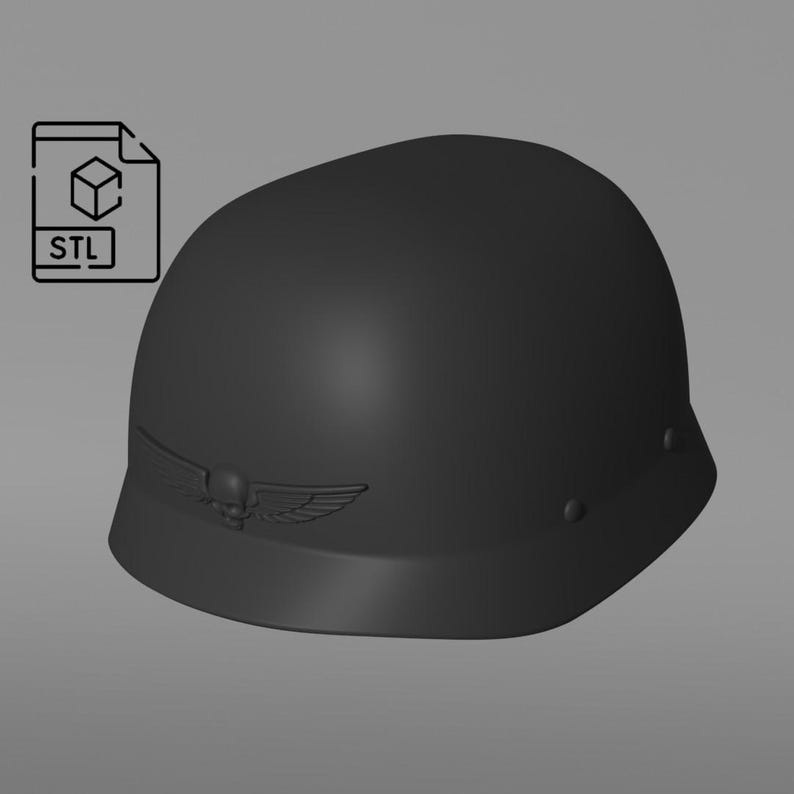 May include: A black helmet with a skull and wings design on the front. The helmet is made of plastic and has a smooth surface.
