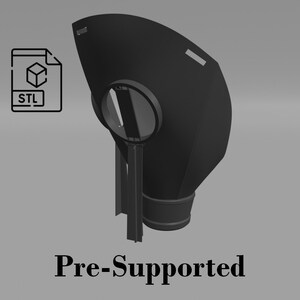 May include: A black 3D printed model of a helmet with a large, curved visor and a small, round opening in the front. The model is pre-supported and ready to be printed. The text "Pre-Supported" is written below the model.