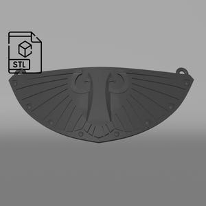 May include: A dark gray, semi-circular 3D model file with an STL icon in the top left corner. The object features a central symmetrical emblem with curved lines radiating outward, punctuated by small circular rivets along the bottom edge.