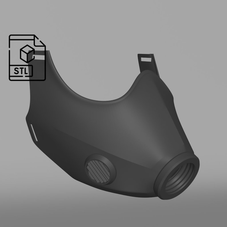 May include: A 3D printable STL file for a black face mask with a filter slot and an exhaust valve.