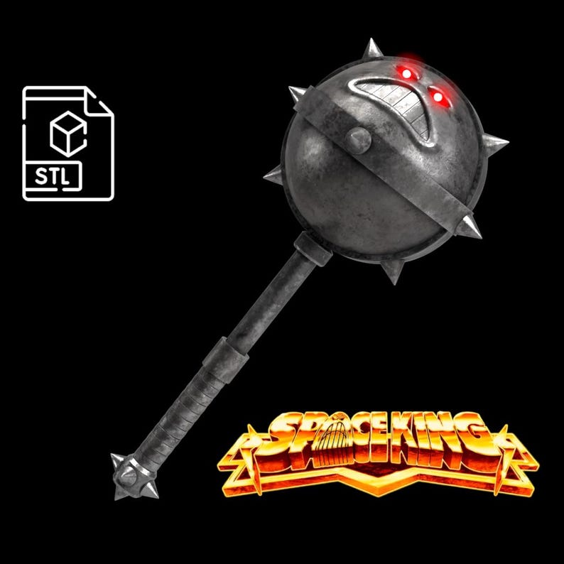 May include: A metallic gray mace with a spiked head and handle, featuring a stylized face with glowing red eyes. The mace is labeled "SPACEKING" in a fiery, retro font, with an STL file icon in the upper left corner.