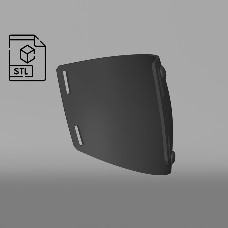 May include: A black 3D printed plastic part with two slots and two small round protrusions on the side.
