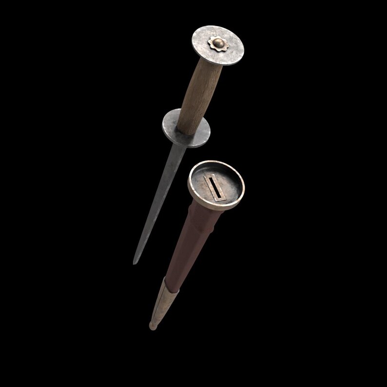 May include: A dagger with a wooden handle and a metal blade, accompanied by a brown sheath with metal accents. The dagger's handle has a circular guard and a decorative top.