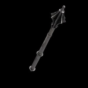 May include: A dark gray mace with a spiked head and a long, cylindrical handle. The head features multiple triangular spikes and a small, rounded top. The handle has two circular bands and a rounded base. The mace is set against a black background.