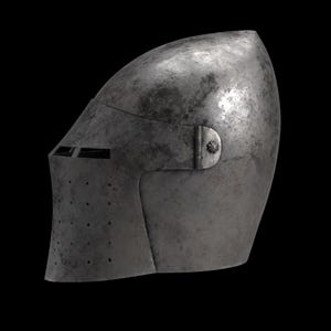 May include: A weathered, metallic medieval helmet with a rounded top and a visor. The helmet features a series of small holes and horizontal slits for ventilation and visibility. A hinge and rivet secure the visor to the main body of the helmet.