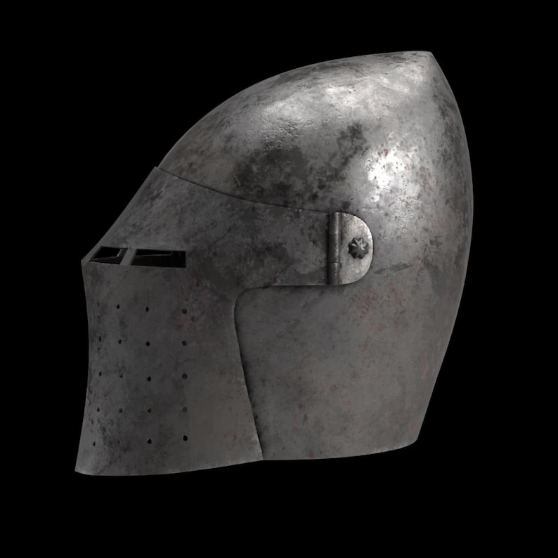 May include: A weathered, metallic medieval helmet with a rounded top and a visor. The helmet features a series of small holes and horizontal slits for ventilation and visibility. A hinge and rivet secure the visor to the main body of the helmet.