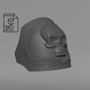 May include: A gray 3D-printed shoulder pad featuring a skull design with a laurel wreath and the text "STL". The shoulder pad has a curved shape with rivets along the edge. The skull has detailed features.