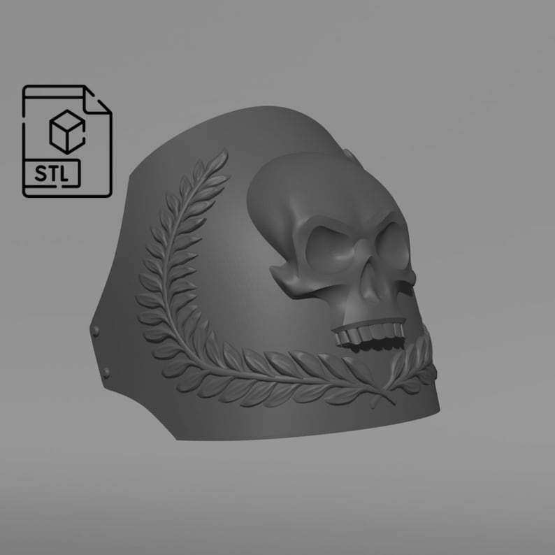May include: A gray 3D-printed shoulder pad featuring a skull design with a laurel wreath and the text "STL". The shoulder pad has a curved shape with rivets along the edge. The skull has detailed features.
