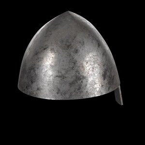 May include: A weathered, metallic helmet with a pointed top and a curved, domed shape. The helmet has a slightly textured surface and a small, rectangular piece extending from the lower edge. The background is black.