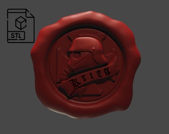 May include: A red wax seal with a raised design of a helmet and a banner with the word "Krieger" in black lettering.