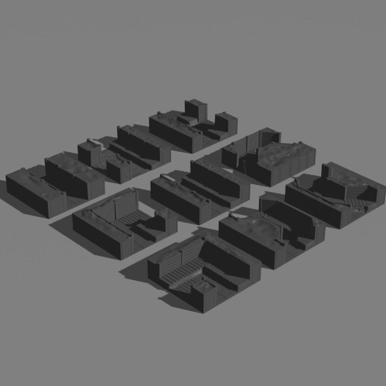 May include: A set of eight gray, detailed, miniature concrete trench sections for a wargaming table.
