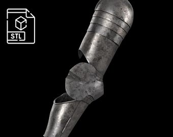 May include: A metallic arm armor piece featuring a segmented upper section, a circular elbow plate, and a lower forearm guard with a weathered, dark grey finish. An icon with the text STL is visible in the upper left corner of the image.