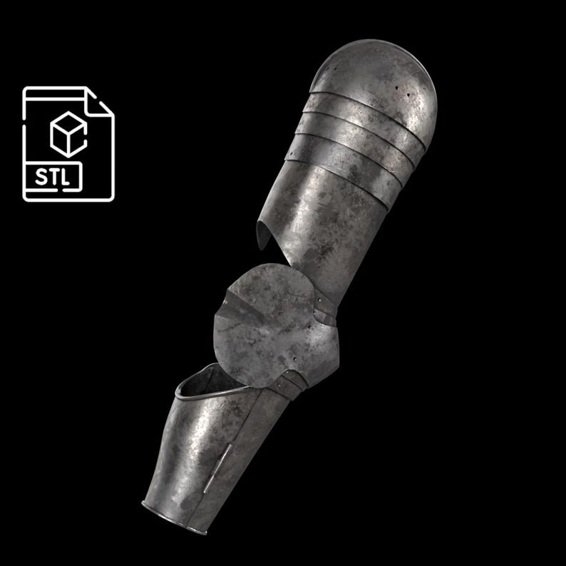 May include: A metallic arm armor piece featuring a segmented upper section, a circular elbow plate, and a lower forearm guard with a weathered, dark grey finish. An icon with the text STL is visible in the upper left corner of the image.