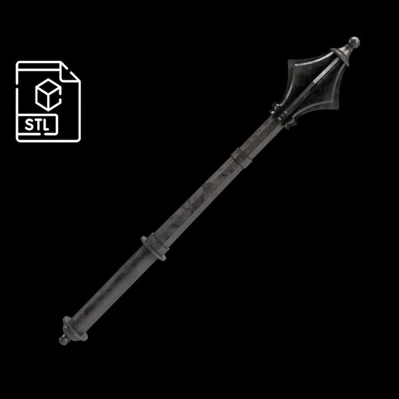 May include: A dark gray mace with a spiked head and a long, cylindrical handle. The mace has a textured appearance and is set against a black background. The image also includes an STL file icon.