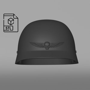 May include: A black helmet with a skull and wings emblem. The helmet is a 3D printed model.