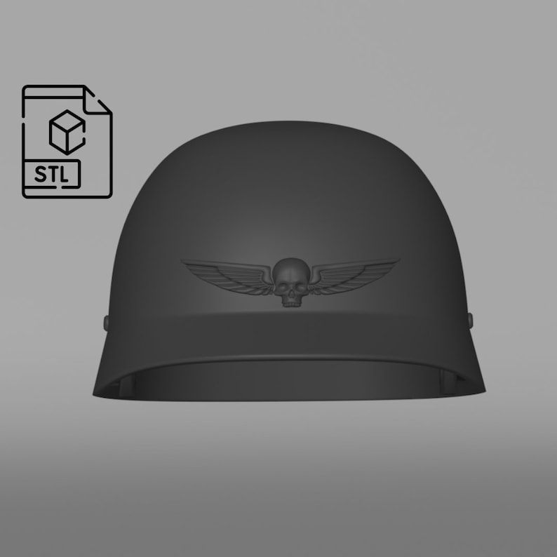 May include: A black helmet with a skull and wings emblem. The helmet is a 3D printed model.