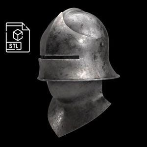 Può includere: Un elmo metallico in stile antico con visiera e protezione per il collo, su sfondo nero. L'elmo ha un aspetto invecchiato. Un'icona del file STL si trova nell'angolo in alto a sinistra.