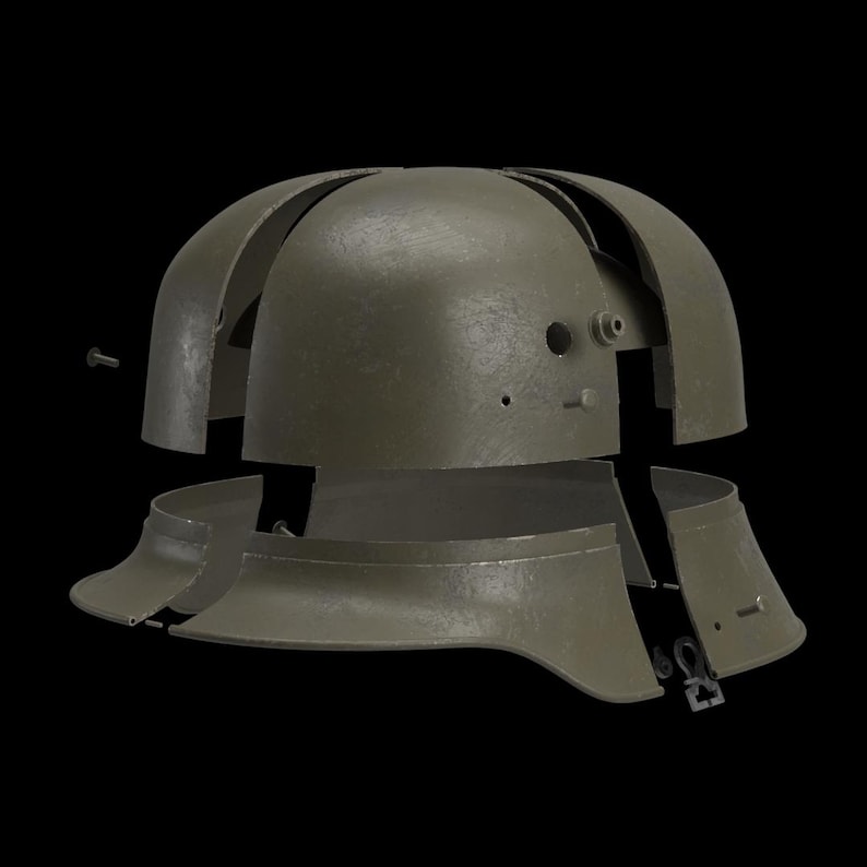 May include: An olive-drab metal helmet, disassembled, with multiple curved plates and a neck guard. The helmet's components are separated, revealing the internal structure and fastening hardware. The background is black.