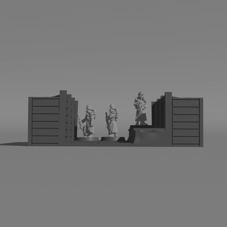 May include: Three gray plastic miniature figures standing behind a gray plastic barricade. The figures are holding weapons and are wearing helmets and armor. The barricade is made of several horizontal panels.