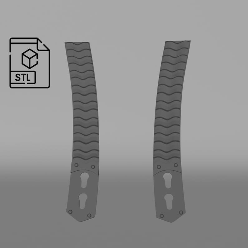 Op de afbeelding: Twee grijze 3D-geprinte onderdelen met een golvende textuur en gaten. De onderdelen zijn gebogen en hebben een puntig uiteinde. STL-bestand.