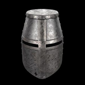 May include: A weathered, metallic Crusader helmet with a flat top and riveted trim. The helmet features a cross design and horizontal eye slits. Small ventilation holes are visible on the lower portion of the helmet. The background is black.