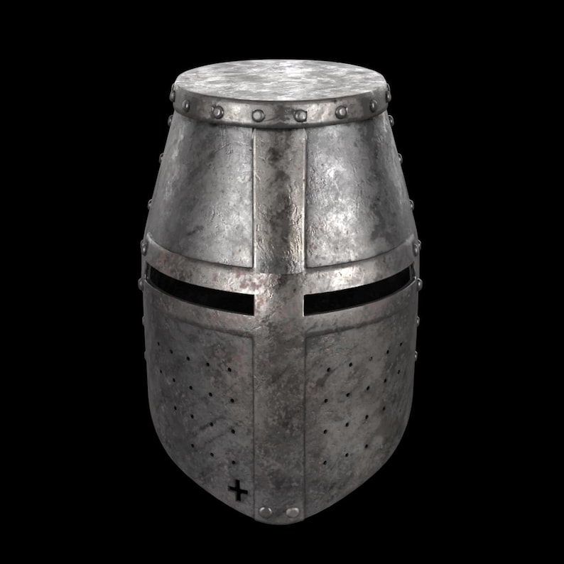 May include: A weathered, metallic Crusader helmet with a flat top and riveted trim. The helmet features a cross design and horizontal eye slits. Small ventilation holes are visible on the lower portion of the helmet. The background is black.