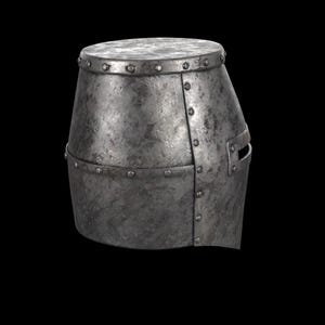 May include: A weathered, metallic helmet with a cylindrical top and a flared, riveted body. The helmet features a small eye slit and is likely part of a medieval or historical costume.