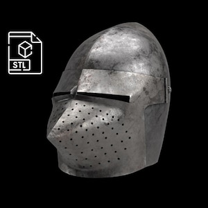 Pode incluir: Um capacete medieval met&aacute;lico desgastado com viseira e in&uacute;meros pequenos orif&iacute;cios de ventila&ccedil;&atilde;o. O capacete tem um topo arredondado e uma sec&ccedil;&atilde;o inferior pontiaguda. Um &iacute;cone de arquivo STL est&aacute; no canto superior esquerdo.