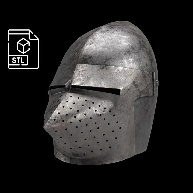 Pode incluir: Um capacete medieval met&aacute;lico desgastado com viseira e in&uacute;meros pequenos orif&iacute;cios de ventila&ccedil;&atilde;o. O capacete tem um topo arredondado e uma sec&ccedil;&atilde;o inferior pontiaguda. Um &iacute;cone de arquivo STL est&aacute; no canto superior esquerdo.