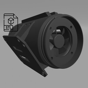 May include: A black 3D printed fan with a circular housing and a blade inside. The fan is mounted on a bracket with holes for mounting.