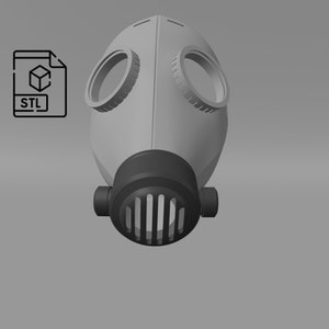 May include: A gray and black gas mask with a round, white face mask and a black, rectangular filter. The mask has two round, black eye pieces.