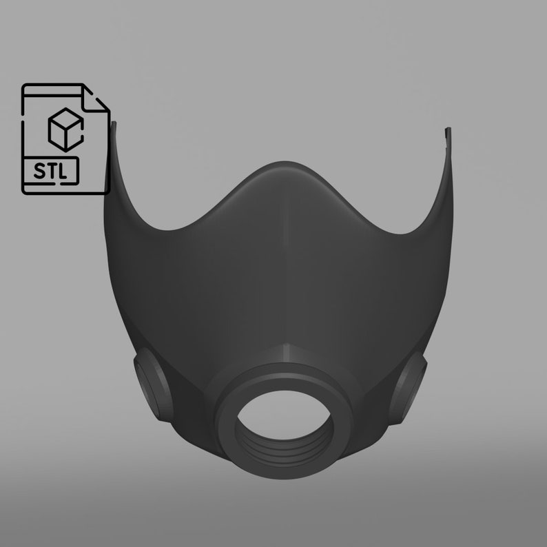 May include: A black 3D printed gas mask with two round holes on the sides and a larger round hole in the front. The mask is designed for 3D printing and is available as an STL file.