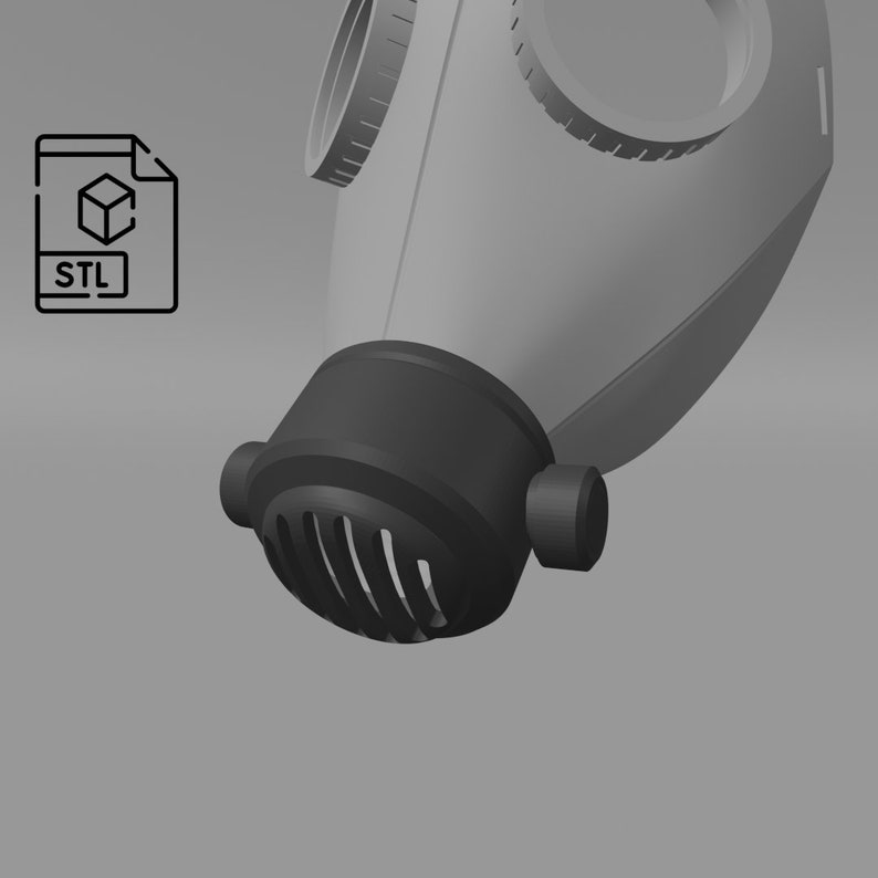 May include: A 3D printed model of a gas mask with a black mouthpiece and a gray body. The model is designed for 3D printing and is available as an STL file.