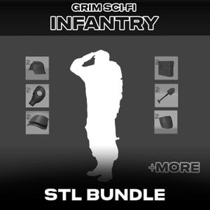 May include: A digital graphic titled GRIM SCI-FI INFANTRY STL BUNDLE +MORE featuring a white silhouette of a saluting soldier. Surrounding the figure are six small icons displaying a helmet, gas mask, shoulder pad, radio, shovel, and visor.