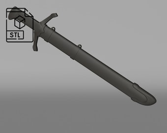Può includere: Una spada nera stampata in 3D con un design semplice. La spada è in una guaina e ha un'impugnatura con una guardia incrociata. Il formato del file è STL.